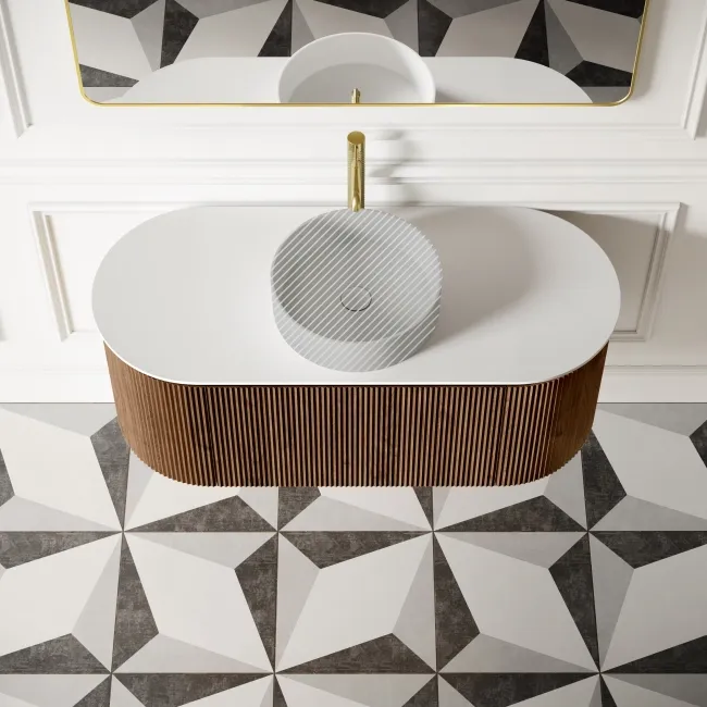 Positano Natural Walnut Curved Wall Hung Vanity Drawer with Matt White Stone Top 1200mm - Basin Not Included