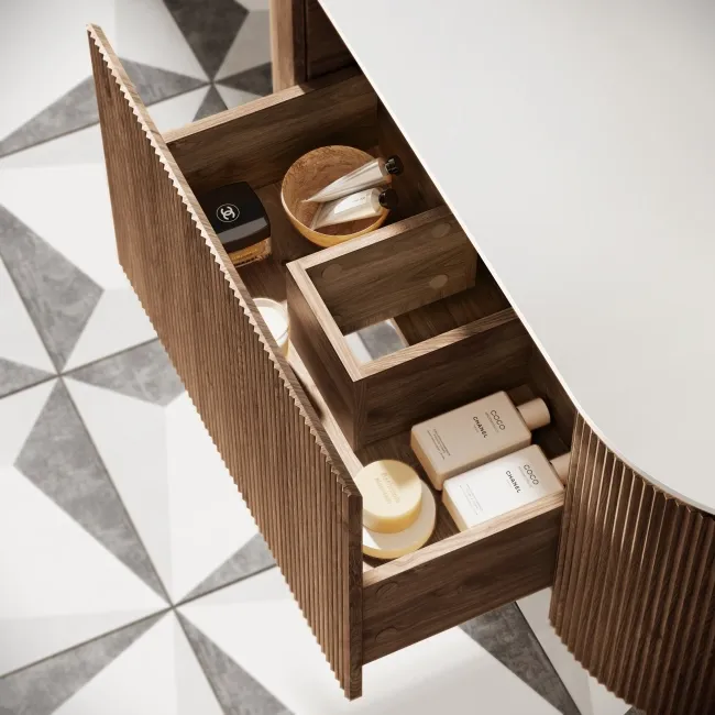 Positano Natural Walnut Curved Wall Hung Vanity Drawer with Matt White Stone Top 1200mm - Basin Not Included