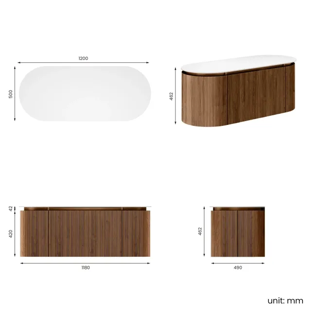 Positano Natural Walnut Curved Wall Hung Vanity Drawer with Matt White Stone Top 1200mm - Basin Not Included