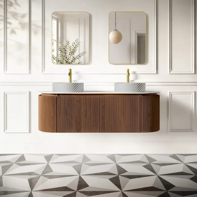 Positano Natural Walnut Curved Wall Hung Vanity Drawer with Matt White Stone Top 1500mm - Basin Not Included
