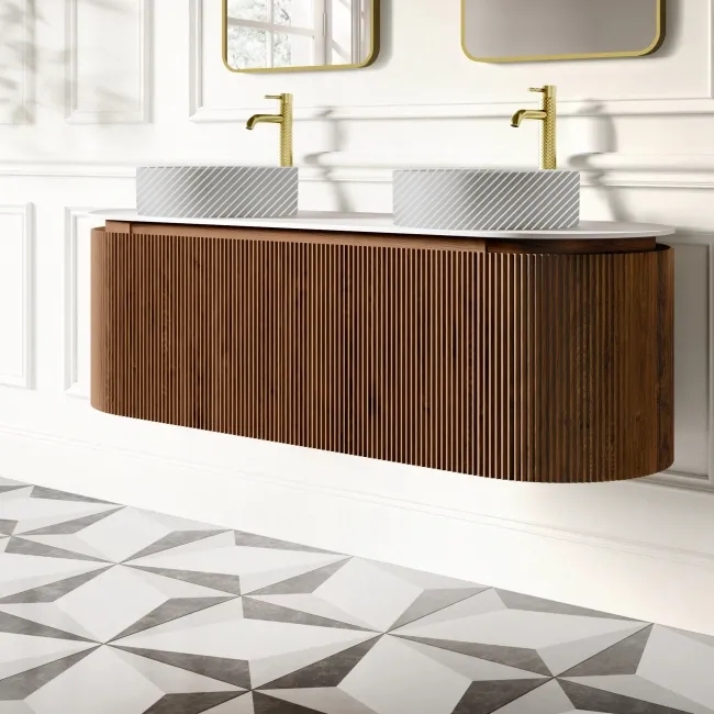 Positano Natural Walnut Curved Wall Hung Vanity Drawer with Matt White Stone Top 1500mm - Basin Not Included