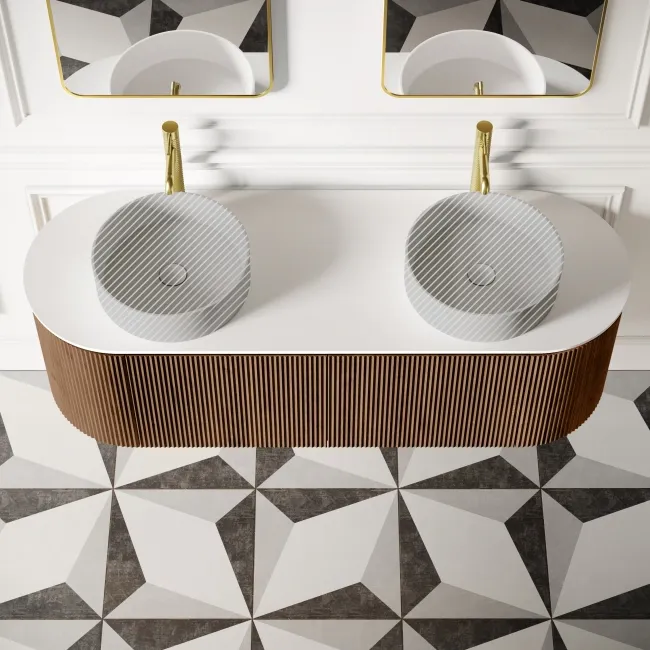 Positano Natural Walnut Curved Wall Hung Vanity Drawer with Matt White Stone Top 1500mm - Basin Not Included