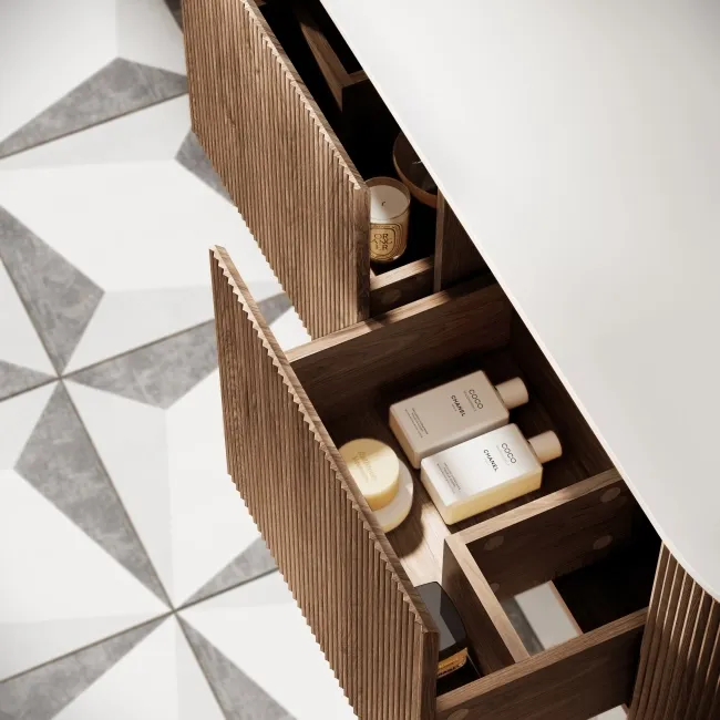 Positano Natural Walnut Curved Wall Hung Vanity Drawer with Matt White Stone Top 1500mm - Basin Not Included