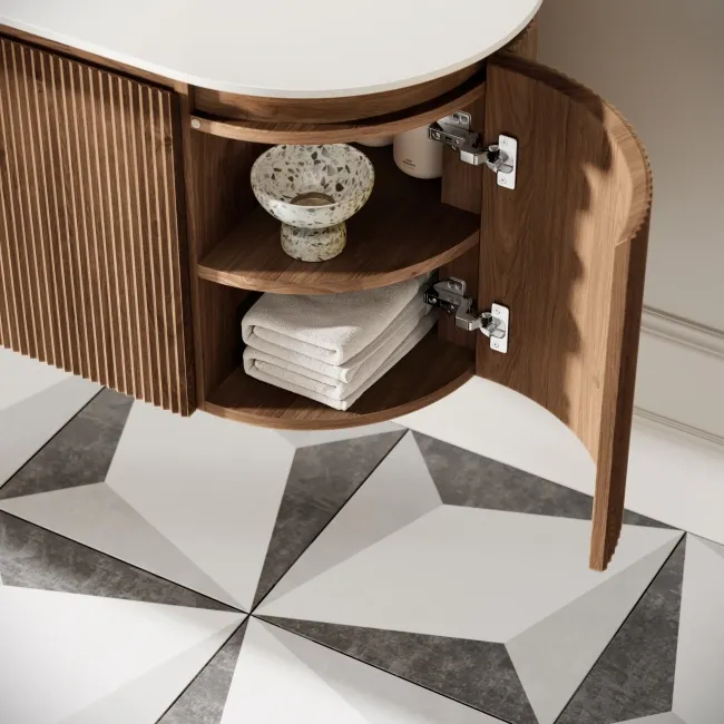 Positano Natural Walnut Curved Wall Hung Vanity Drawer with Matt White Stone Top 1500mm - Basin Not Included