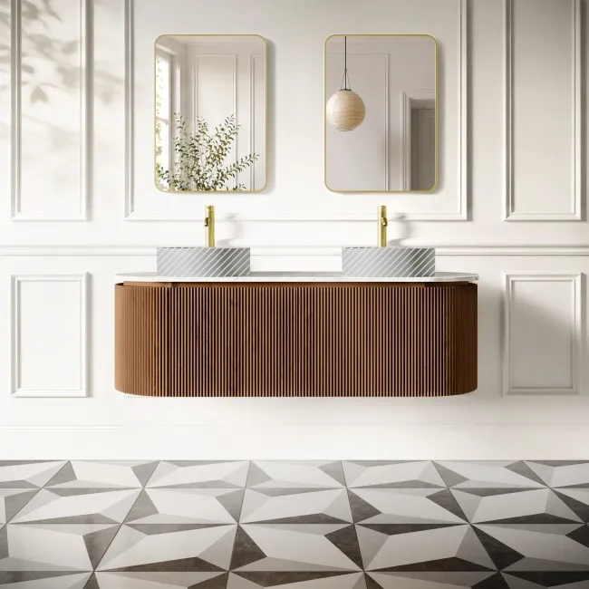 Positano Natural Walnut Curved Wall Hung Vanity Drawer with Carrara Marble Top 1500mm - Basin Not Included