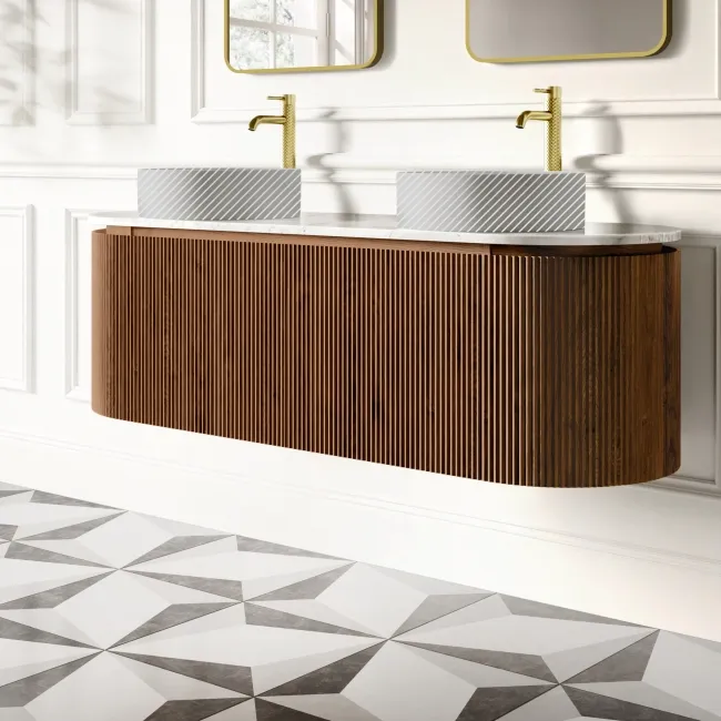 Positano Natural Walnut Curved Wall Hung Vanity Drawer with Carrara Marble Top 1500mm - Basin Not Included