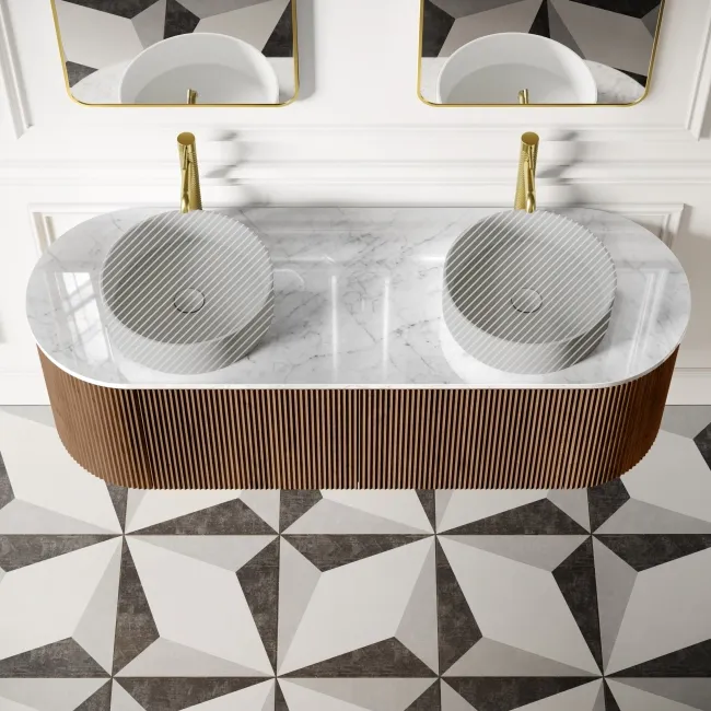 Positano Natural Walnut Curved Wall Hung Vanity Drawer with Carrara Marble Top 1500mm - Basin Not Included