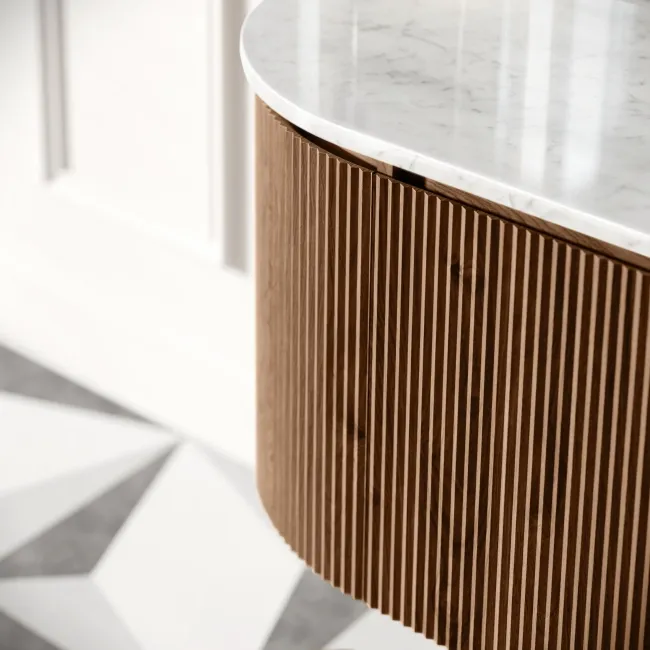 Positano Natural Walnut Curved Wall Hung Vanity Drawer with Carrara Marble Top 1500mm - Basin Not Included