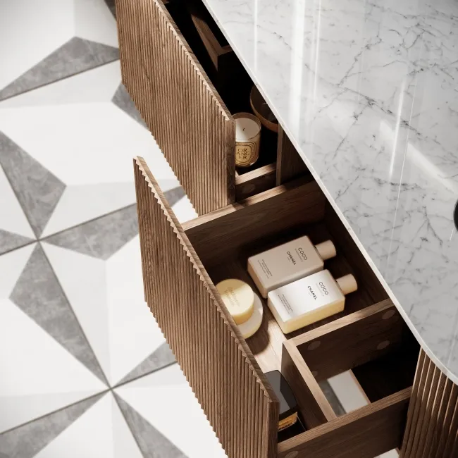 Positano Natural Walnut Curved Wall Hung Vanity Drawer with Carrara Marble Top 1500mm - Basin Not Included