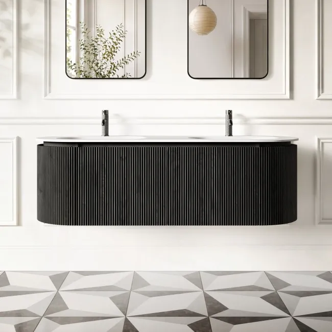 Positano Black Oak Curved Wall Hung Basin Drawer Vanity 1500mm