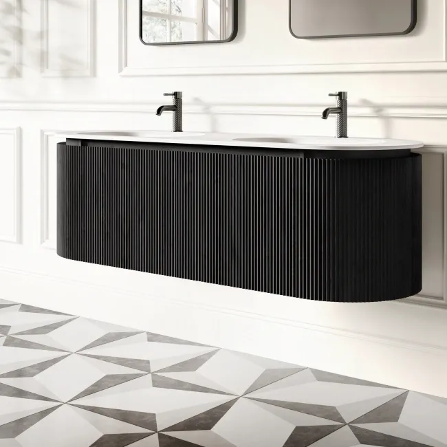 Positano Black Oak Curved Wall Hung Basin Drawer Vanity 1500mm