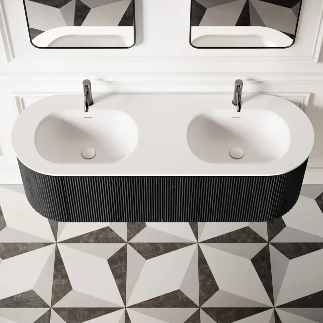 Positano Black Oak Curved Wall Hung Basin Drawer Vanity 1500mm