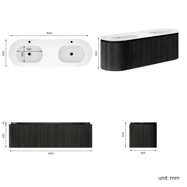Positano Black Oak Curved Wall Hung Basin Drawer Vanity 1500mm