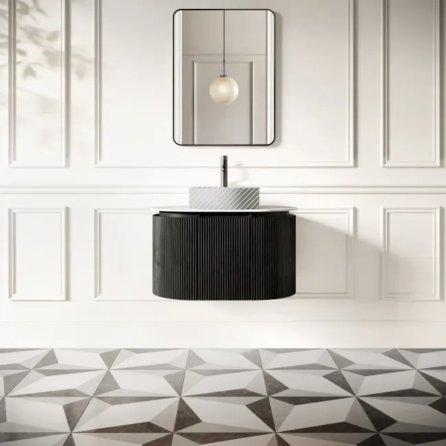 Positano Black Oak Curved Wall Hung Vanity Drawer with Matt White Stone Top 800mm - Basin Not Included