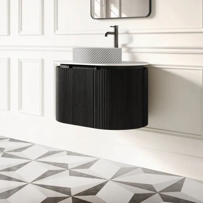 Positano Black Oak Curved Wall Hung Vanity Drawer with Matt White Stone Top 800mm - Basin Not Included