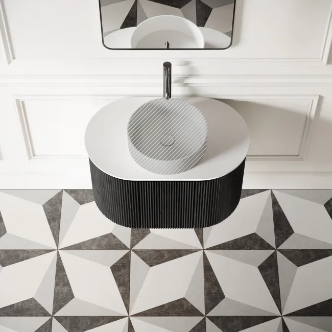 Positano Black Oak Curved Wall Hung Vanity Drawer with Matt White Stone Top 800mm - Basin Not Included