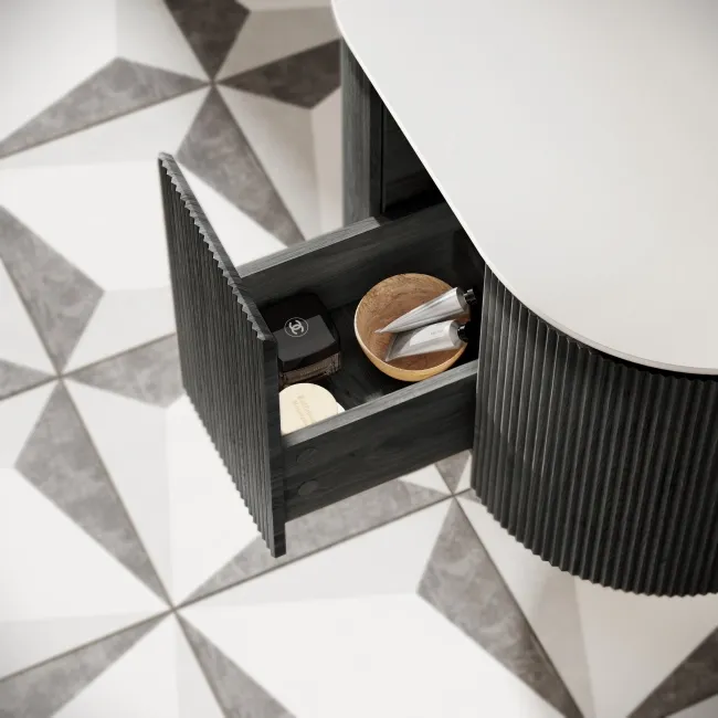 Positano Black Oak Curved Wall Hung Vanity Drawer with Matt White Stone Top 800mm - Basin Not Included