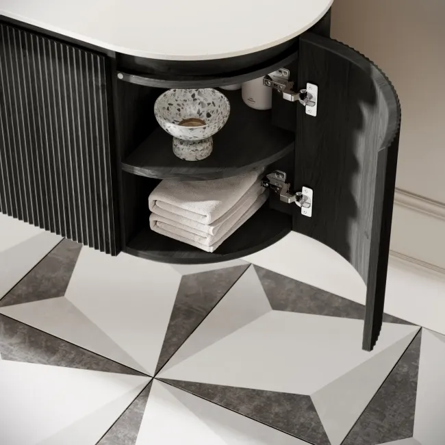 Positano Black Oak Curved Wall Hung Vanity Drawer with Matt White Stone Top 800mm - Basin Not Included