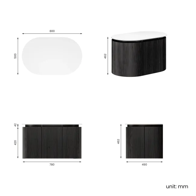 Positano Black Oak Curved Wall Hung Vanity Drawer with Matt White Stone Top 800mm - Basin Not Included