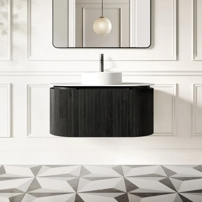 Positano Black Oak Curved Wall Hung Vanity Drawer with Matt White Stone Top 1000mm - Basin Not Included