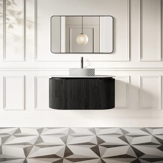 Positano Black Oak Curved Wall Hung Vanity Drawer with Matt White Stone Top 1000mm - Basin Not Included