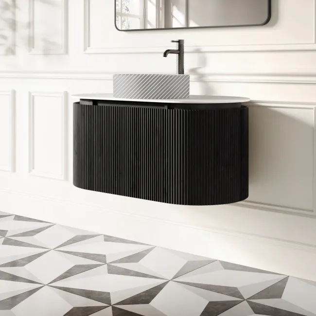 Positano Black Oak Curved Wall Hung Vanity Drawer with Matt White Stone Top 1000mm - Basin Not Included