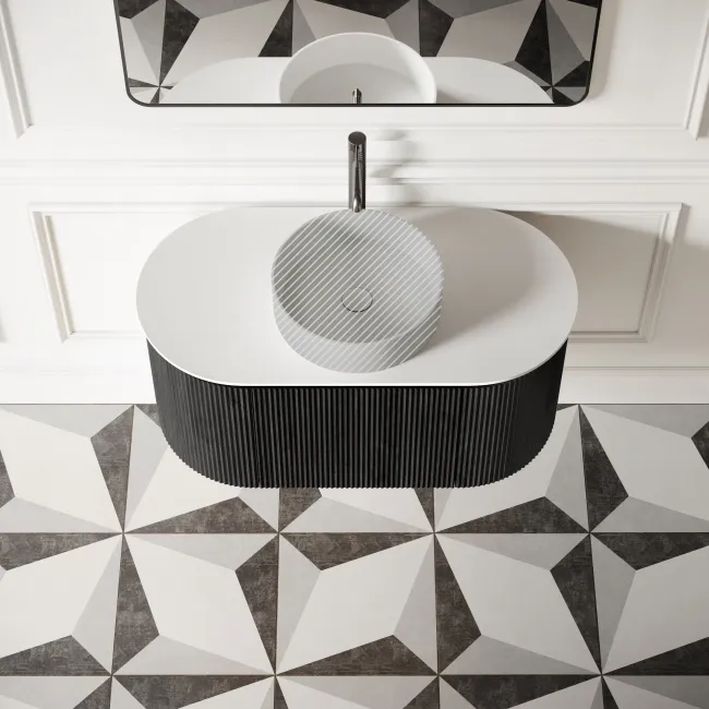Positano Black Oak Curved Wall Hung Vanity Drawer with Matt White Stone Top 1000mm - Basin Not Included