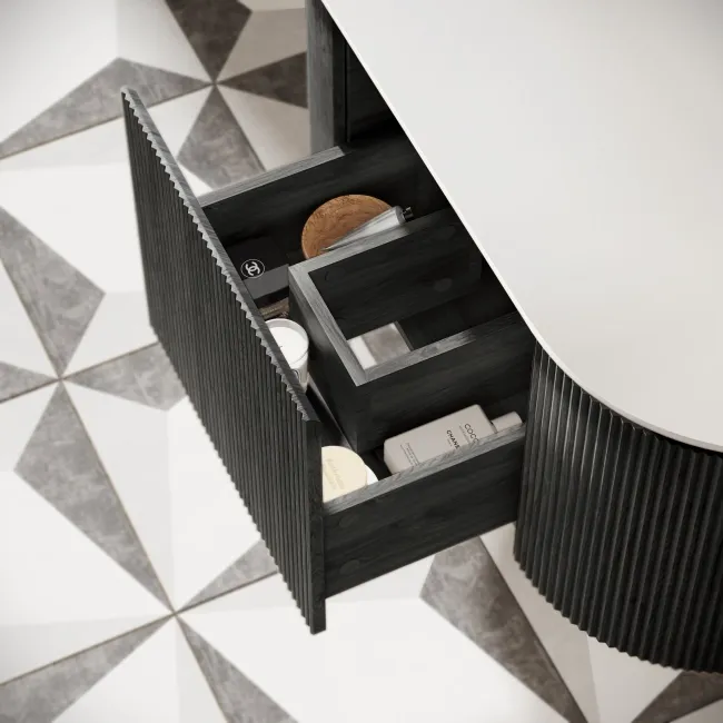 Positano Black Oak Curved Wall Hung Vanity Drawer with Matt White Stone Top 1000mm - Basin Not Included