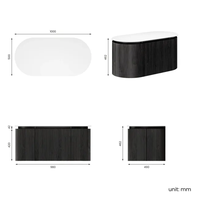 Positano Black Oak Curved Wall Hung Vanity Drawer with Matt White Stone Top 1000mm - Basin Not Included