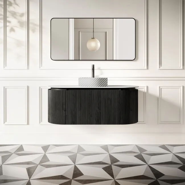 Positano Black Oak Curved Wall Hung Vanity Drawer with Matt White Stone Top 1200mm - Basin Not Included