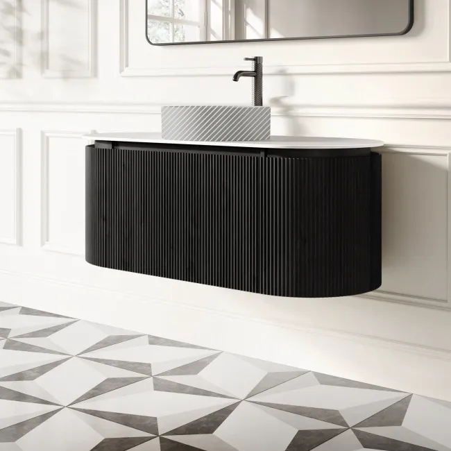 Positano Black Oak Curved Wall Hung Vanity Drawer with Matt White Stone Top 1200mm - Basin Not Included