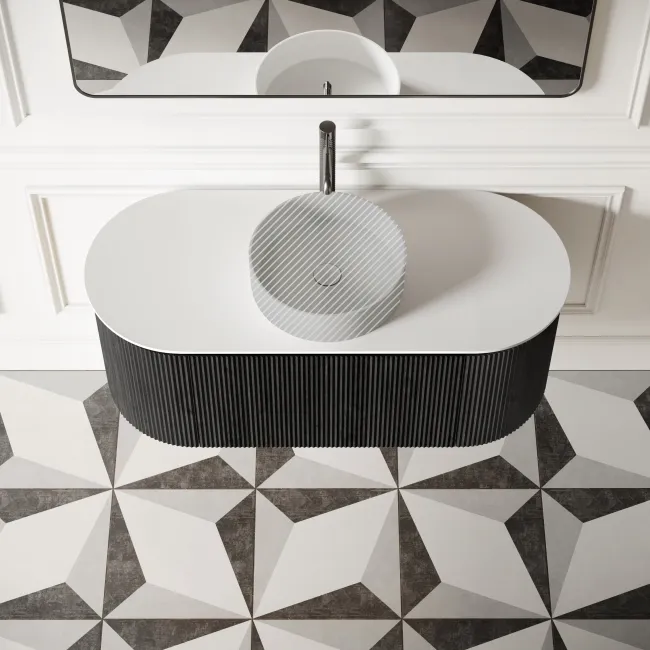 Positano Black Oak Curved Wall Hung Vanity Drawer with Matt White Stone Top 1200mm - Basin Not Included