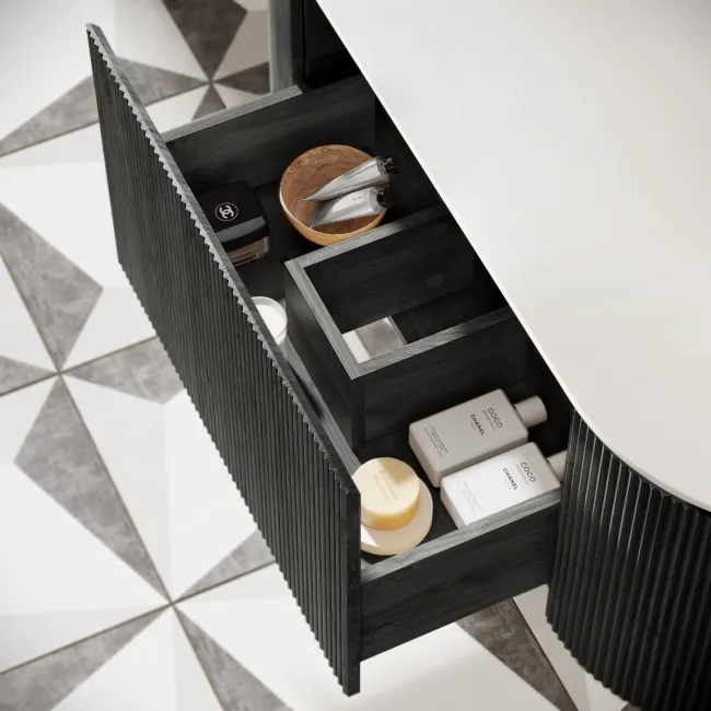 Positano Black Oak Curved Wall Hung Vanity Drawer with Matt White Stone Top 1200mm - Basin Not Included
