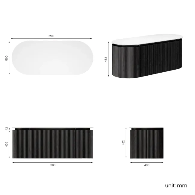 Positano Black Oak Curved Wall Hung Vanity Drawer with Matt White Stone Top 1200mm - Basin Not Included
