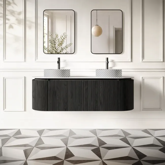 Positano Black Oak Curved Wall Hung Vanity Drawer with Matt White Stone Top 1500mm - Basin Not Included