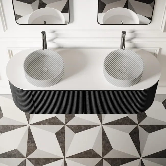 Positano Black Oak Curved Wall Hung Vanity Drawer with Matt White Stone Top 1500mm - Basin Not Included