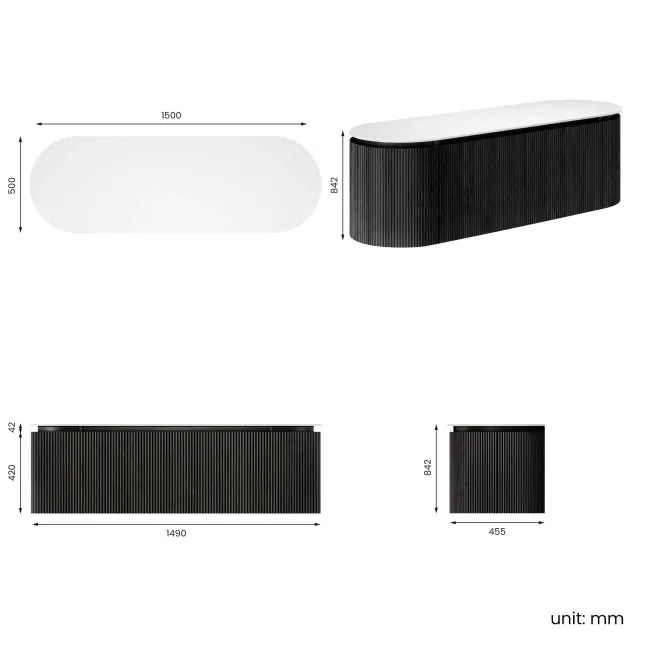 Positano Black Oak Curved Wall Hung Vanity Drawer with Matt White Stone Top 1500mm - Basin Not Included