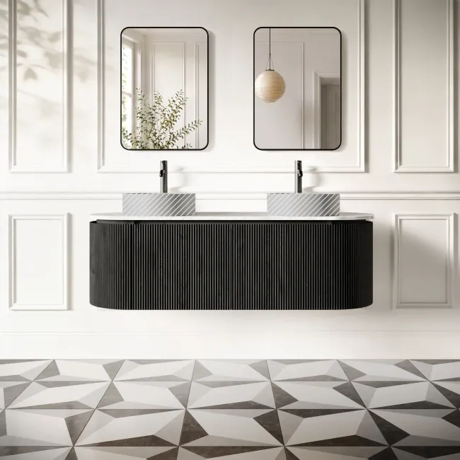 Positano Black Oak Curved Wall Hung Vanity Drawer with Carrara Marble Top 1500mm - Basin Not Included