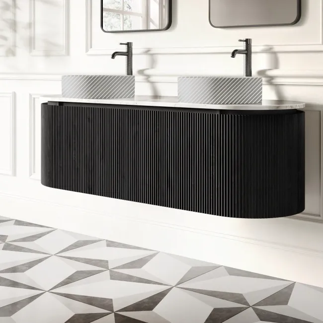 Positano Black Oak Curved Wall Hung Vanity Drawer with Carrara Marble Top 1500mm - Basin Not Included
