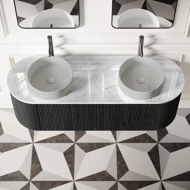 Positano Black Oak Curved Wall Hung Vanity Drawer with Carrara Marble Top 1500mm - Basin Not Included