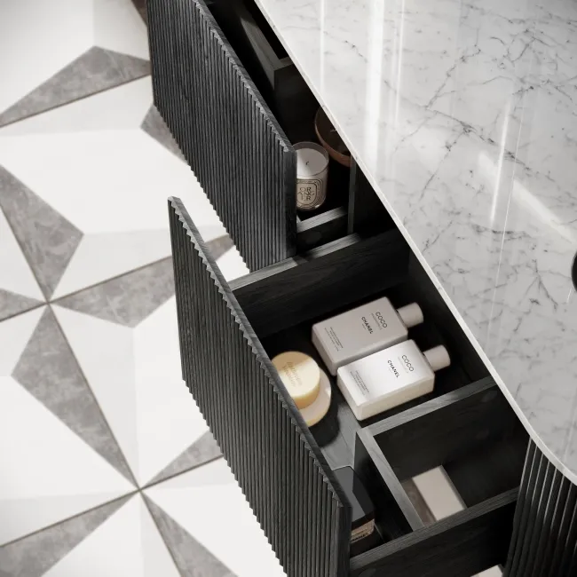 Positano Black Oak Curved Wall Hung Vanity Drawer with Carrara Marble Top 1500mm - Basin Not Included