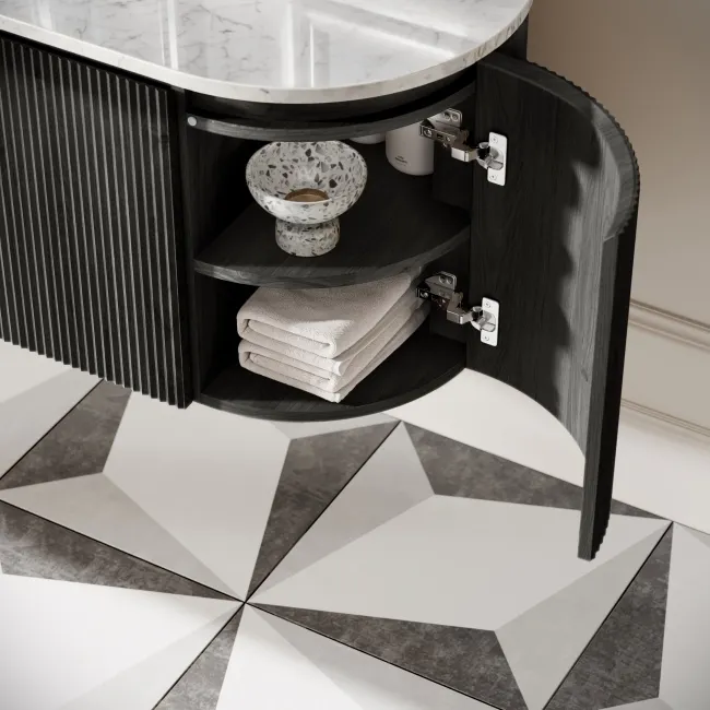 Positano Black Oak Curved Wall Hung Vanity Drawer with Carrara Marble Top 1500mm - Basin Not Included