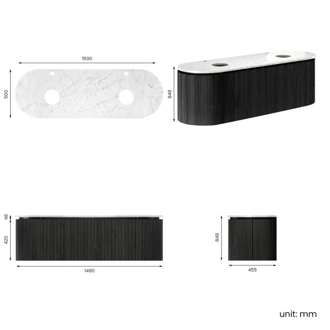 Positano Black Oak Curved Wall Hung Vanity Drawer with Carrara Marble Top 1500mm - Basin Not Included