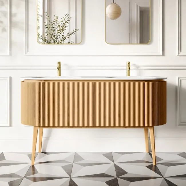 Positano Natural Oak Curved Vanity Unit & Matt White Double Stone Basin 1500mm