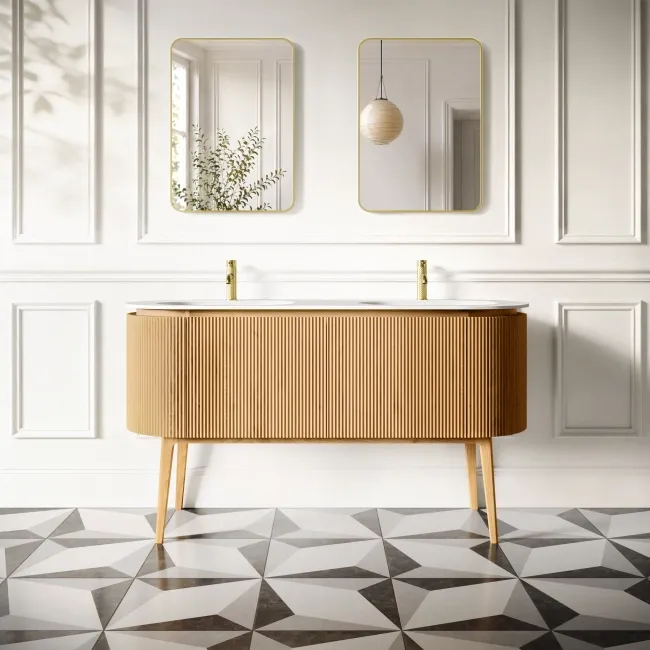 Positano Natural Oak Curved Vanity Unit & Matt White Double Stone Basin 1500mm