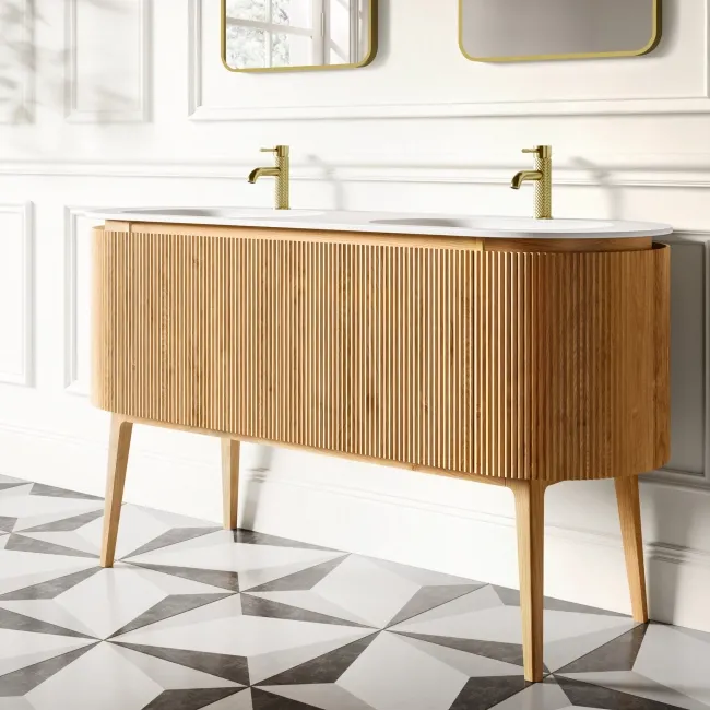 Positano Natural Oak Curved Vanity Unit & Matt White Double Stone Basin 1500mm