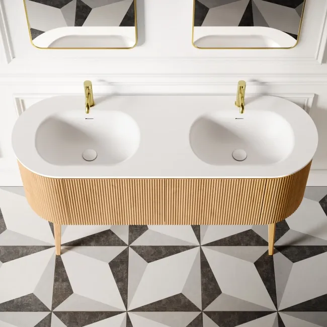 Positano Natural Oak Curved Vanity Unit & Matt White Double Stone Basin 1500mm