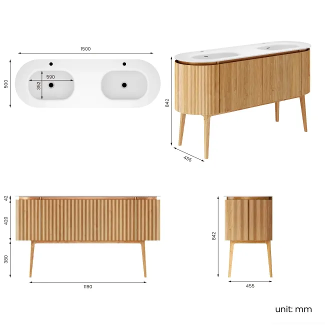 Positano Natural Oak Curved Vanity Unit & Matt White Double Stone Basin 1500mm
