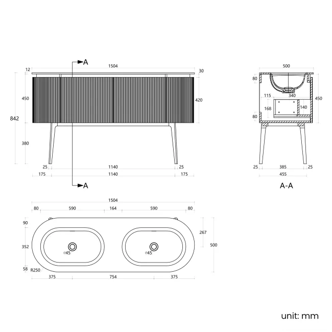 Positano Natural Oak Curved Vanity Unit & Matt White Double Stone Basin 1500mm