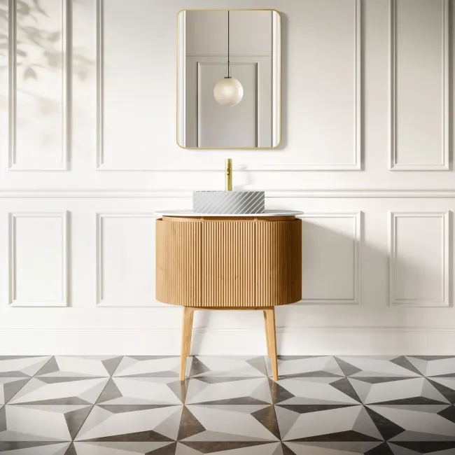 Positano Natural Oak Curved Vanity Unit with Matt White Stone Top 800mm - Basin Not Included